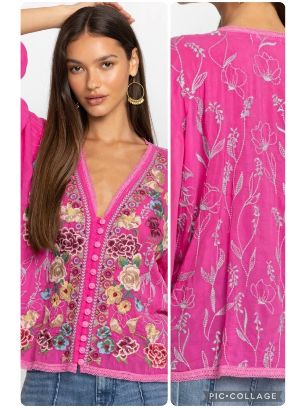 Johnny Was Blouse V Neck Long Sleeves Crochet Feminine Boho Embroidered Fuchsia